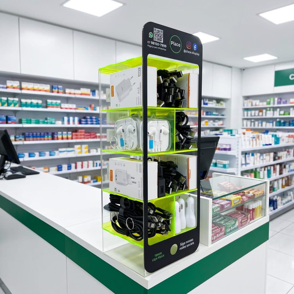 Imagem ilustrativa: expositor Place no balcão de uma farmácia, com as prateleiras de medicamento ao fundo
