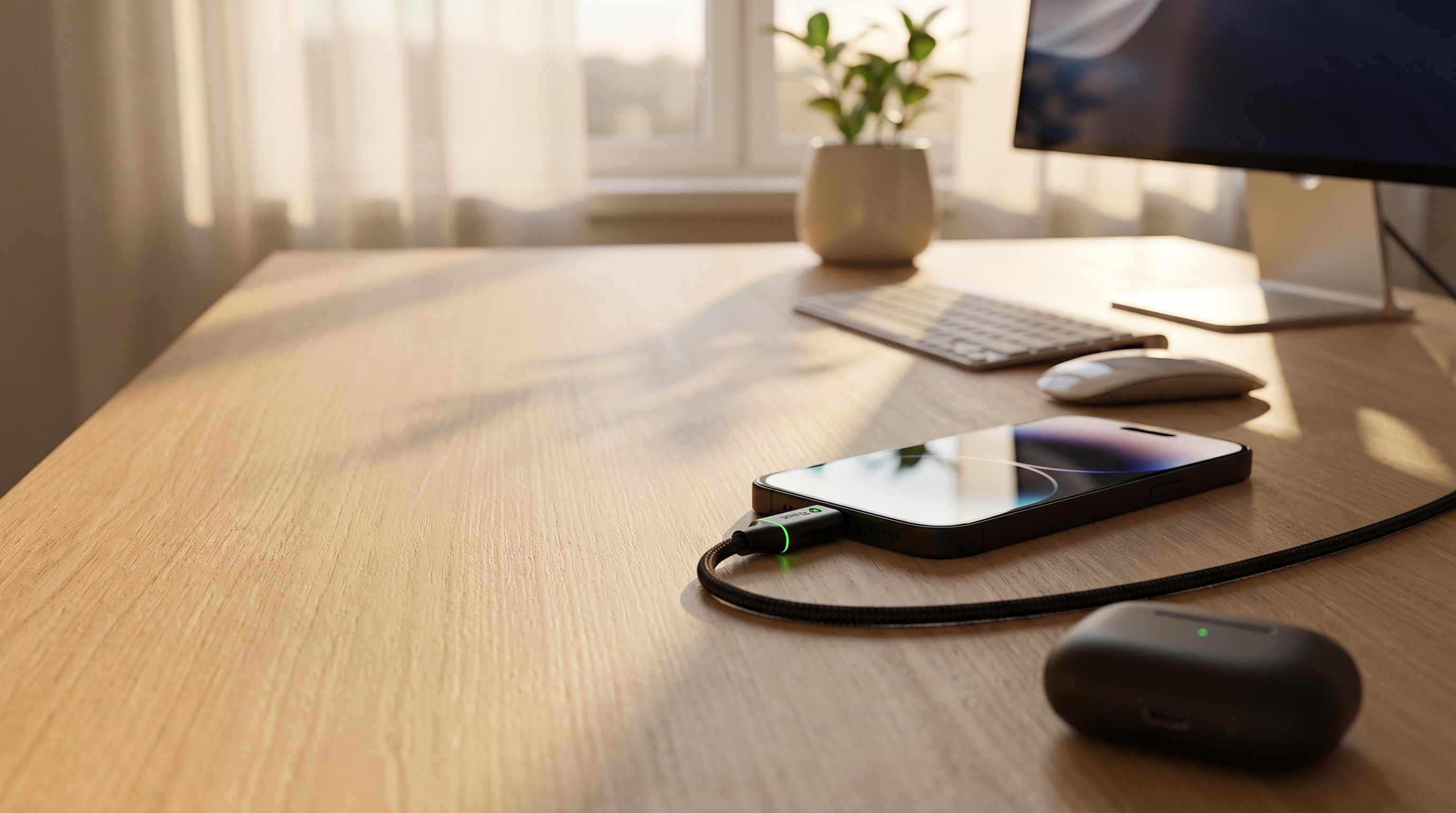 Celular carregando sobre uma mesa de escritório, com o cabo Place conectado e o estojo do fone ao lado